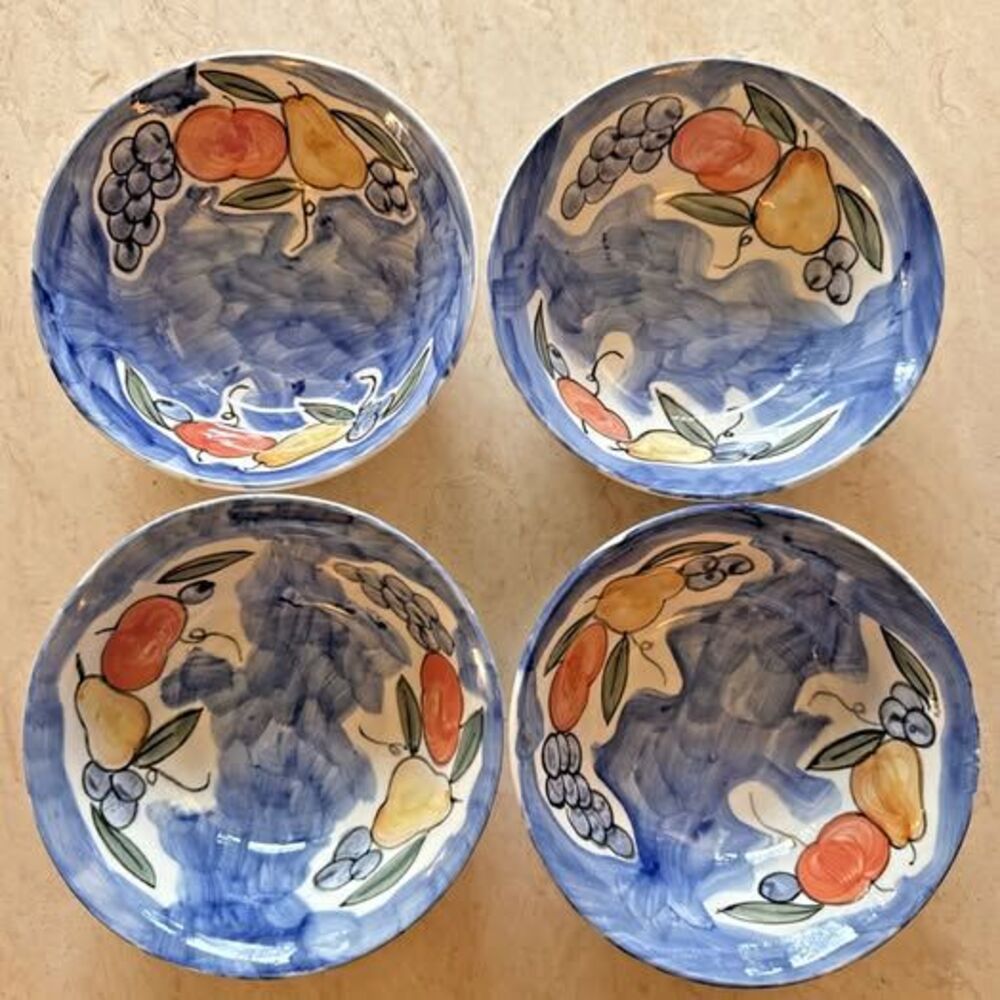 Tabletops Unlimited Mista Hand Painted Blue Fruit Set 4 Soup/Cereal Bowls 7"